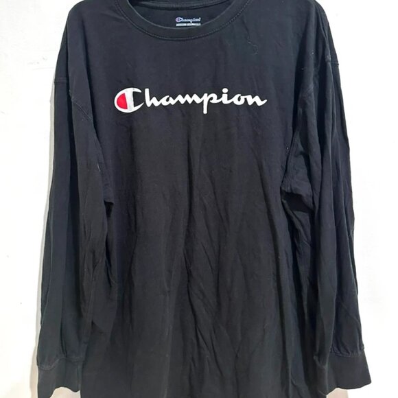 Champion Men’s 2XL Black Long Sleeve Athletic T-Shirt White Logo Gym Tee - Picture 2 of 4
